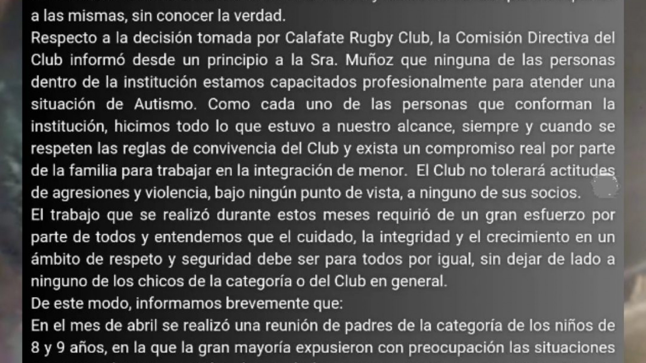 Calafate Rugby Club se defendió ante acusaciones de expulsión de un niño con TEA: "Nosotros no lo expulsamos"