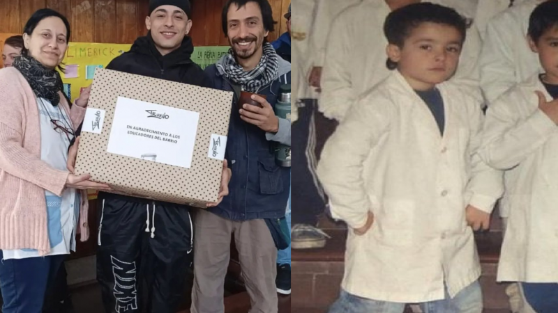 Trueno volvió a su antigua escuela para donar 500 guardapolvos