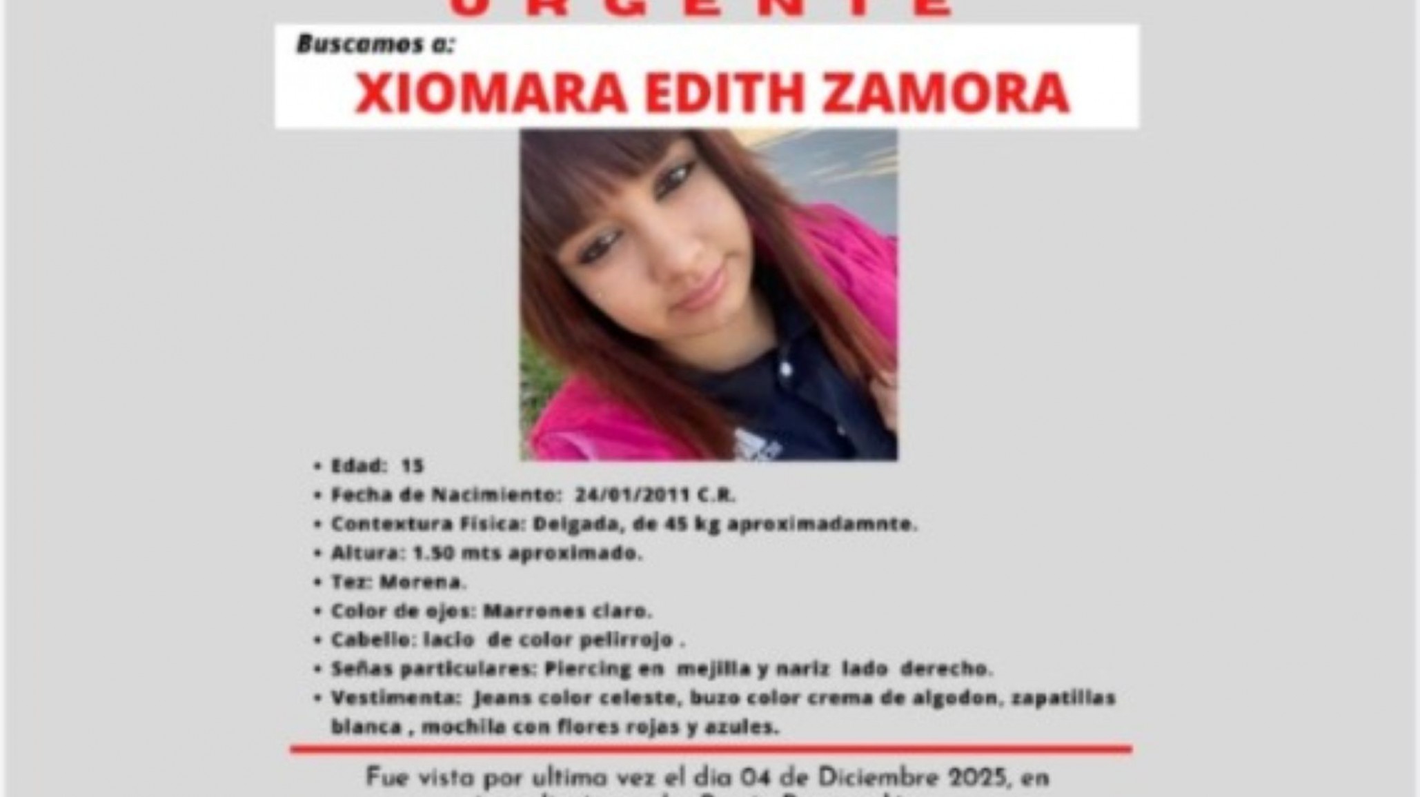 Buscan a Xiomara Edith Zamora, de 15 años, vista por última vez el 4 de diciembre