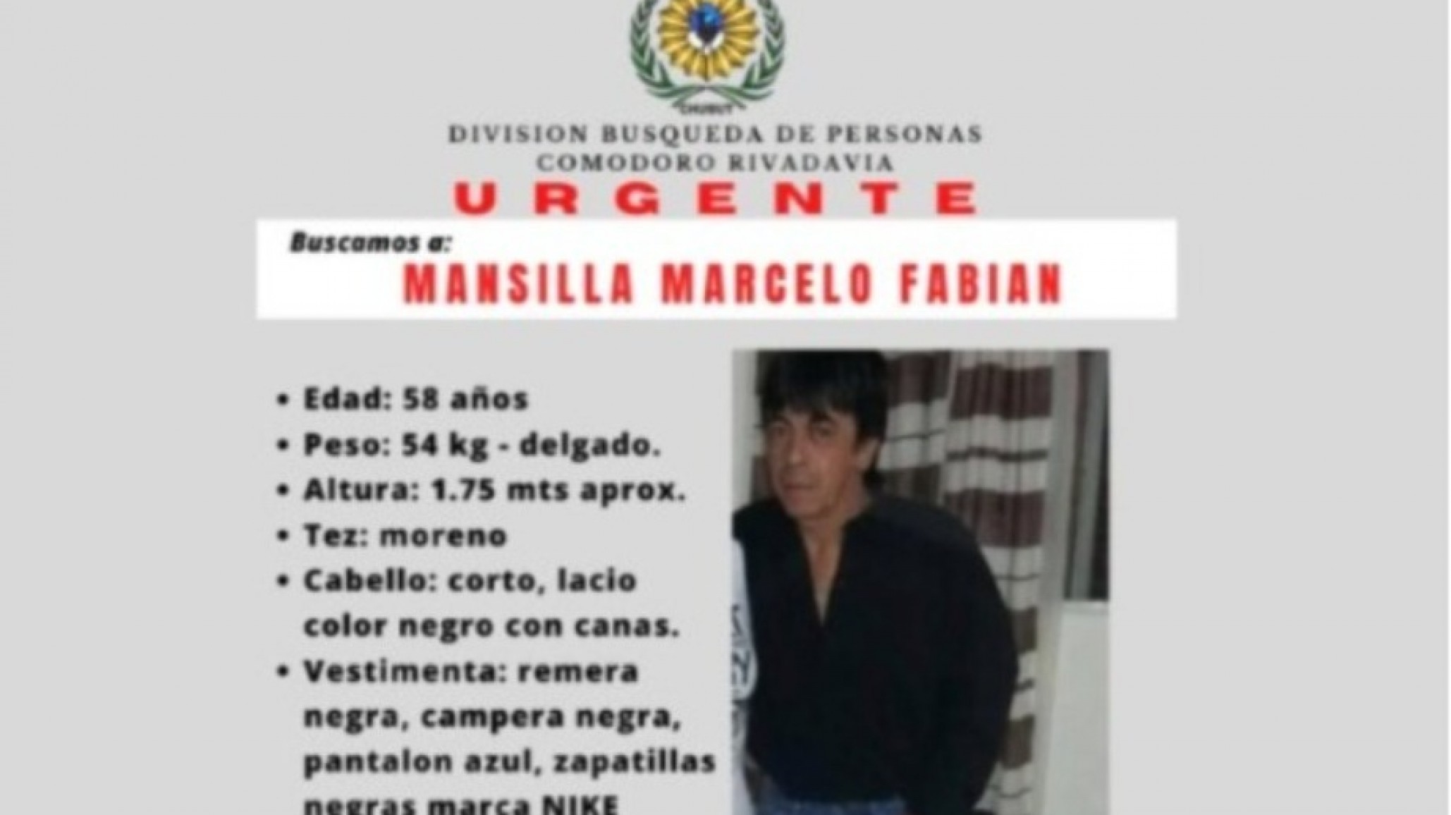 Buscan a un hombre de 58 años que se ausentó de su domicilio en Comodoro Rivadavia