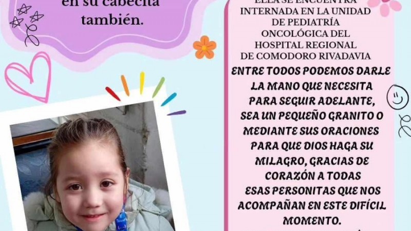 "Todos por Aris": lanzan una campaña para ayudar a la familia de una nena de Trelew internada en Comodoro