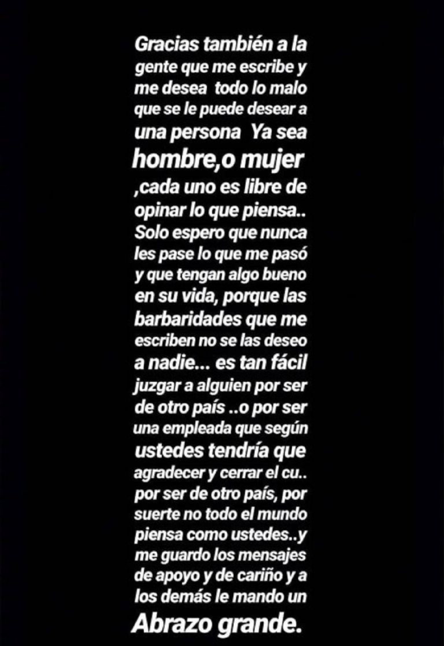 La ex niñera de Pampita volvió al ataque con un largo mensaje en sus redes