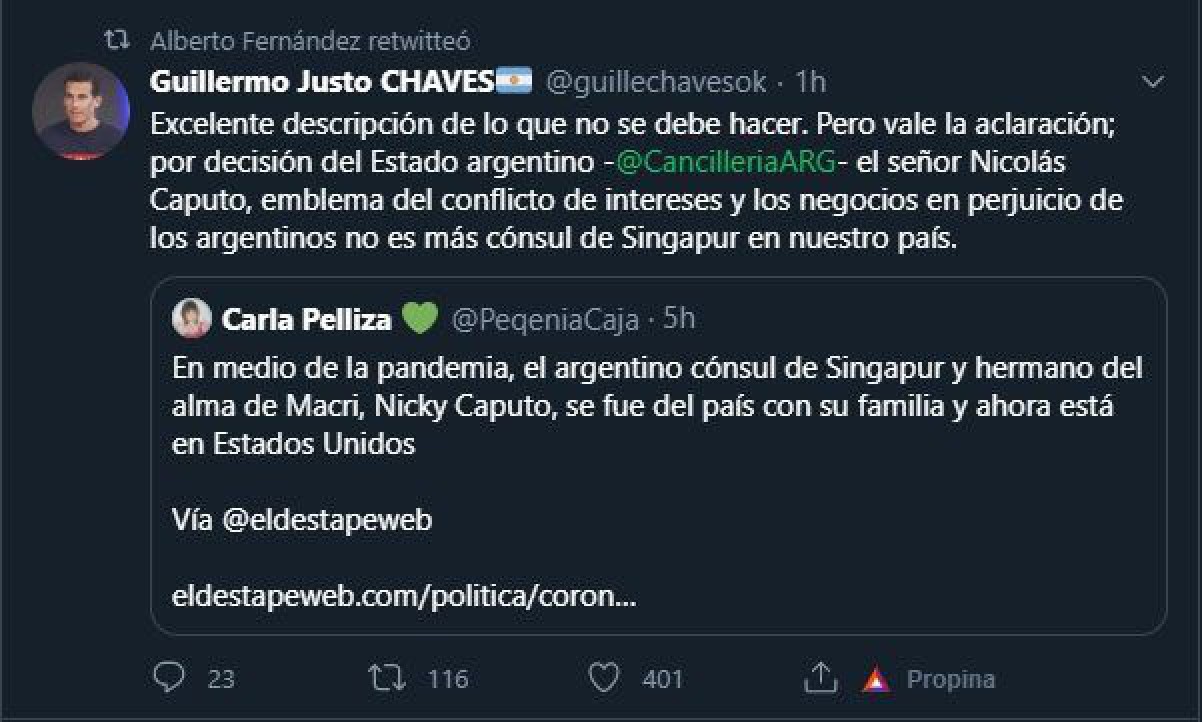 Nicolás Caputo abandonó el país en medio de la pandemia