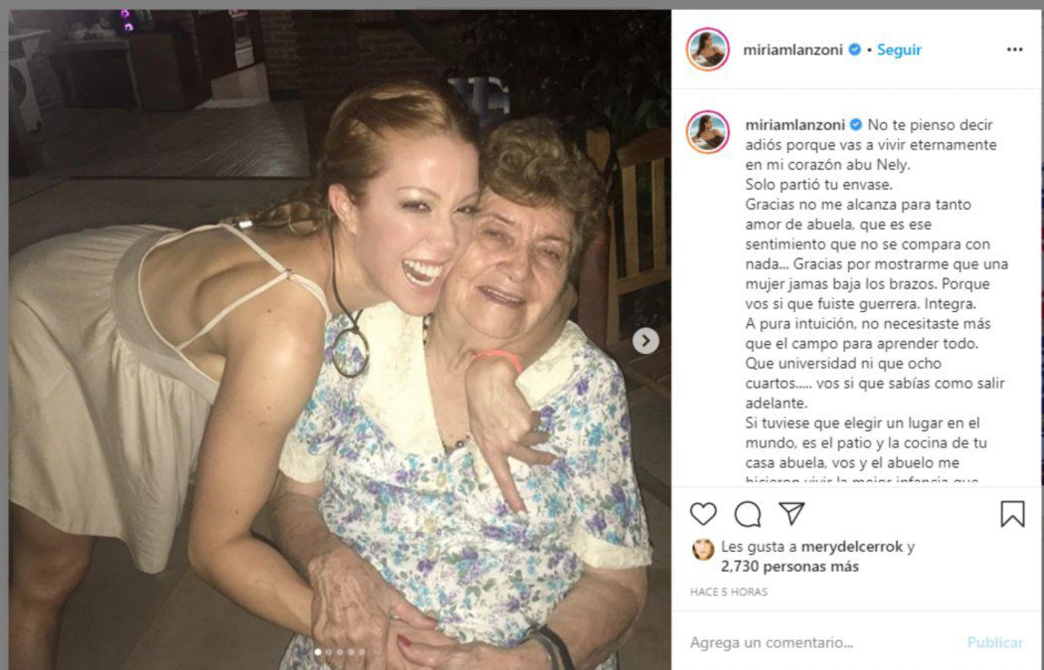 El dolor de Miriam Lanzoni por la muerte de su abuela: “No te pienso decir adiós”
