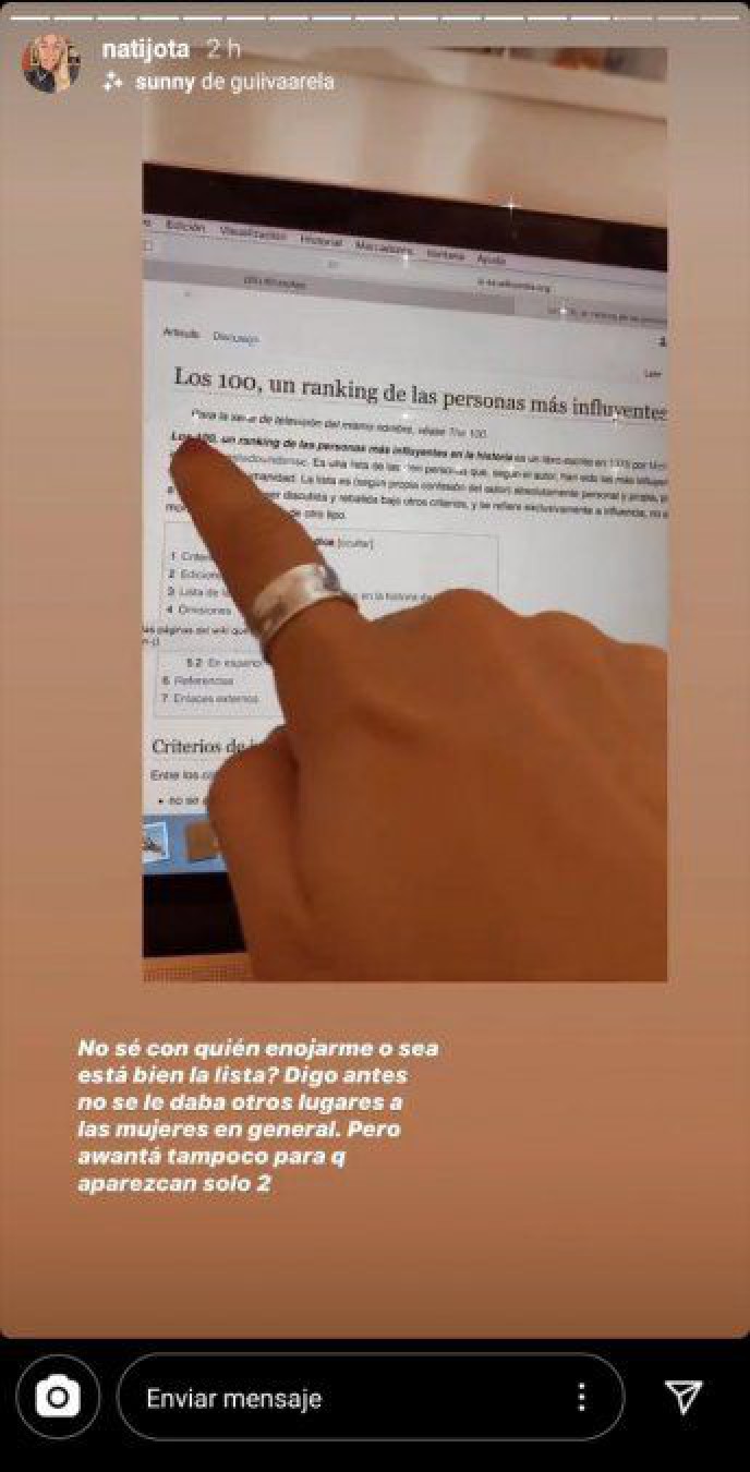 Nati Jota indignada con el ranking de las personas más influyentes de la historia: ”Son todos hombres”