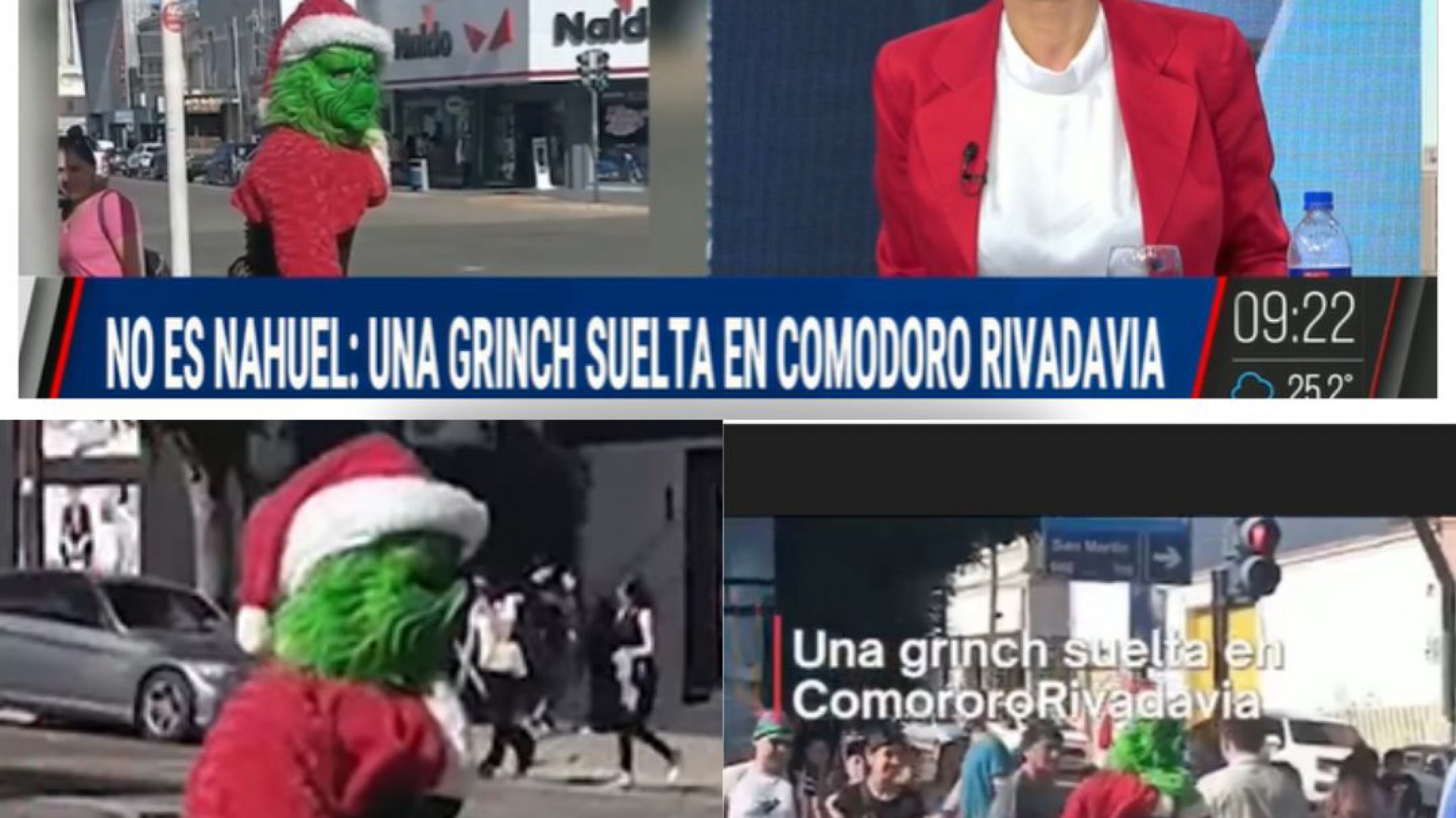 Video: Grinch de Comodoro llegó a TV nacional y una periodista creyó que era Río Negro