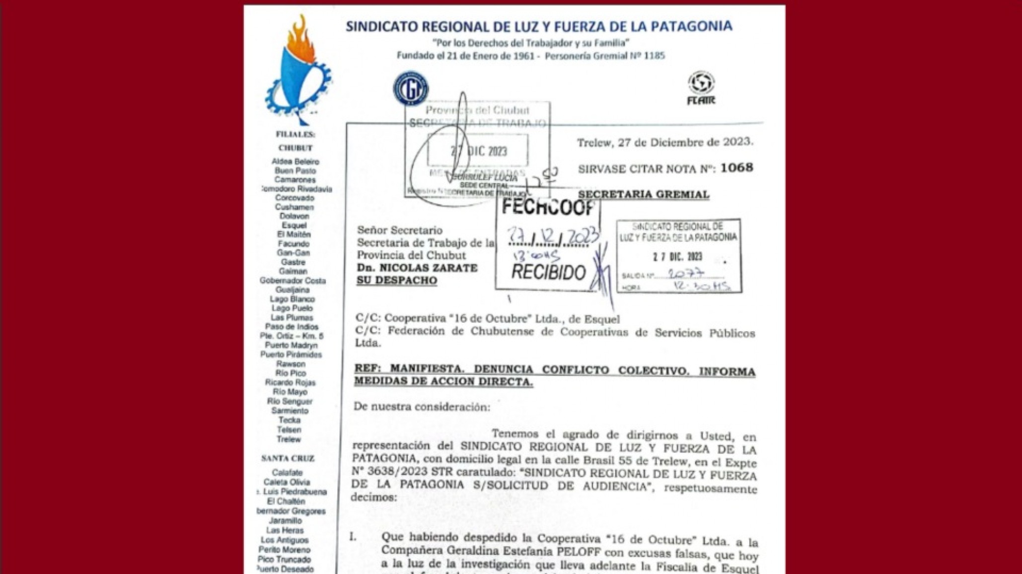 Paros escalonados en las cooperativas de Chubut por el despido injustificado de una empleada