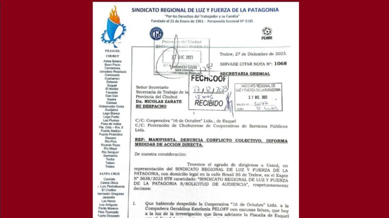 Paros escalonados en las cooperativas de Chubut por el despido injustificado de una empleada