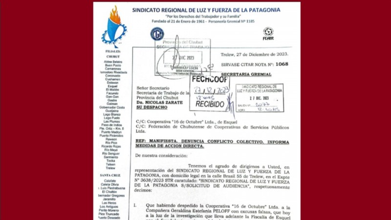 Paros escalonados en las cooperativas de Chubut por el despido injustificado de una empleada