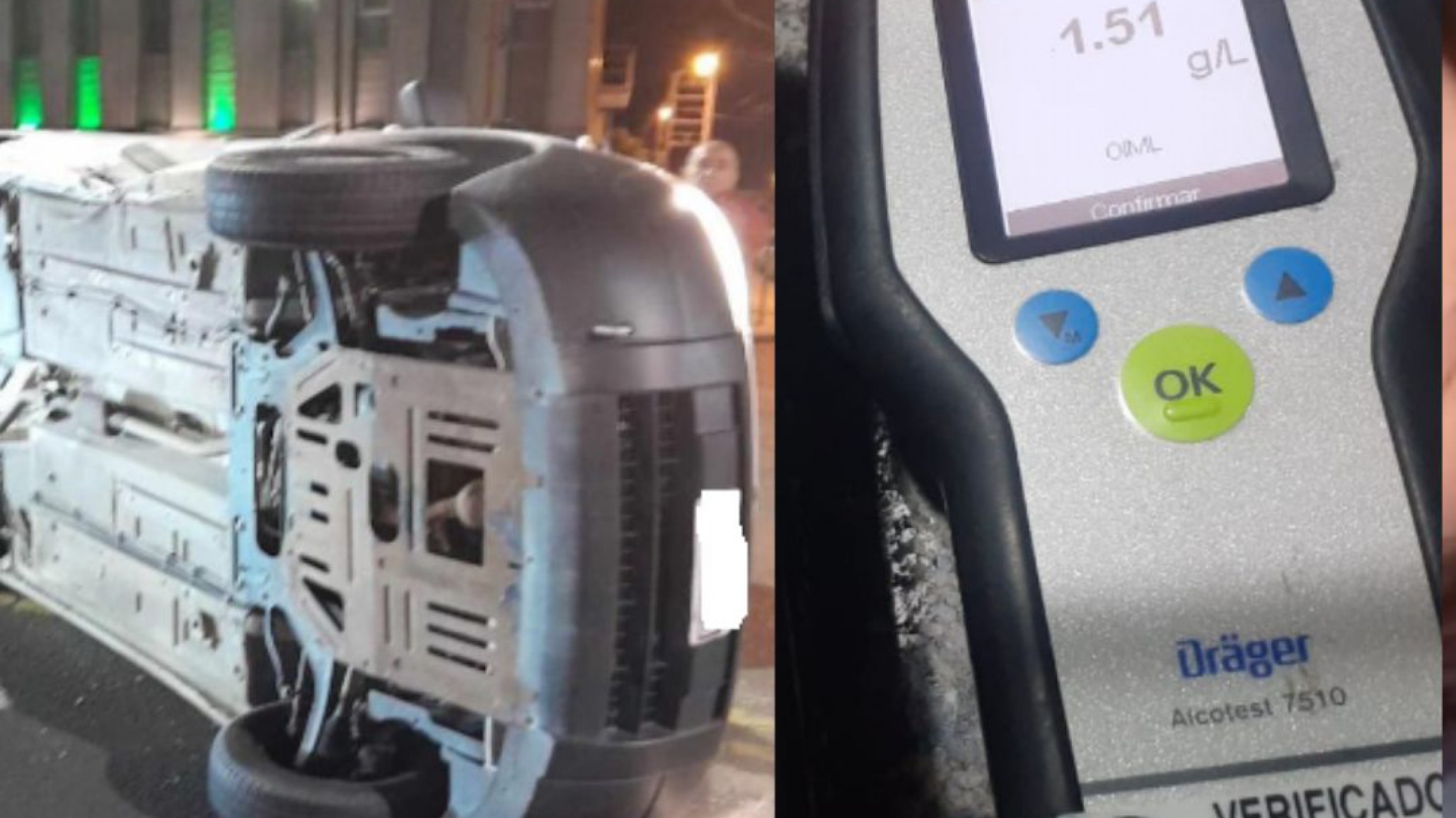 Choque y vuelco: uno iba con 1.51 g/l de alcohol en sangre y el otro con carnet vencido