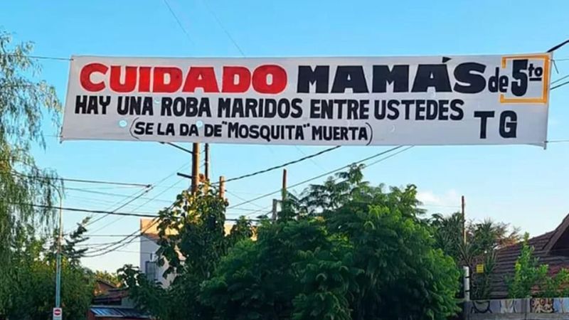 Una pancarta despertó una polémica entre vecinos: "Cuidado mamás, hay una roba maridos"