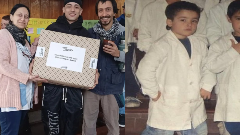 Trueno volvió a su antigua escuela para donar 500 guardapolvos