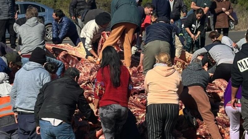 Volcó un camión frigorífico en la Ruta Nacional 14 y los vecinos se llevaron medias reses contaminadas