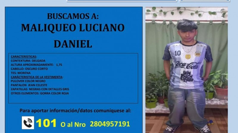 Solicitan ayuda para encontrar a un adolescente de 15 años: buscan a Maliqueo Luciano Daniel