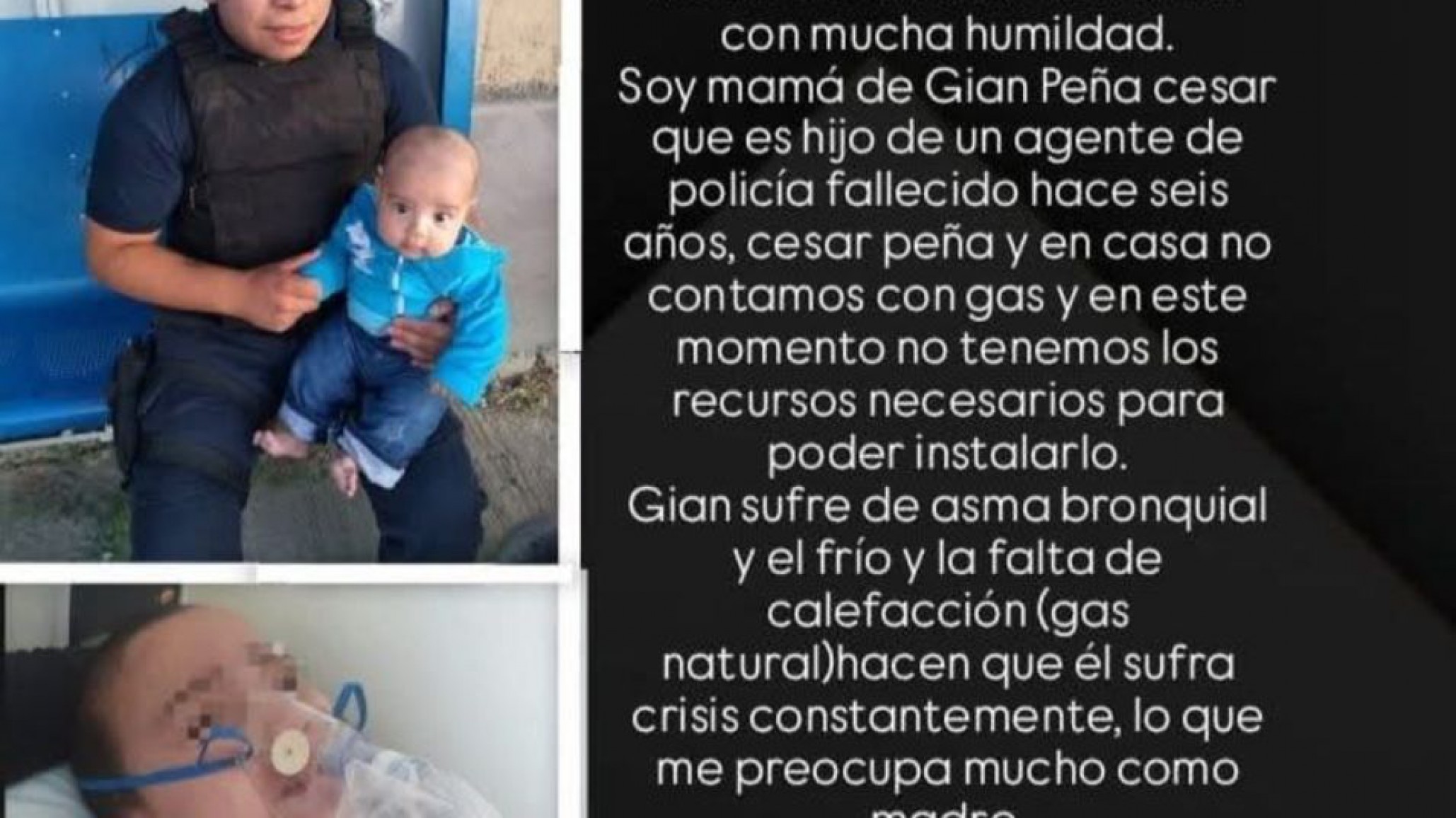 Piden ayuda para Gian, hijo de un policía fallecido: sufre asma y no tienen gas para calefaccionar su casa