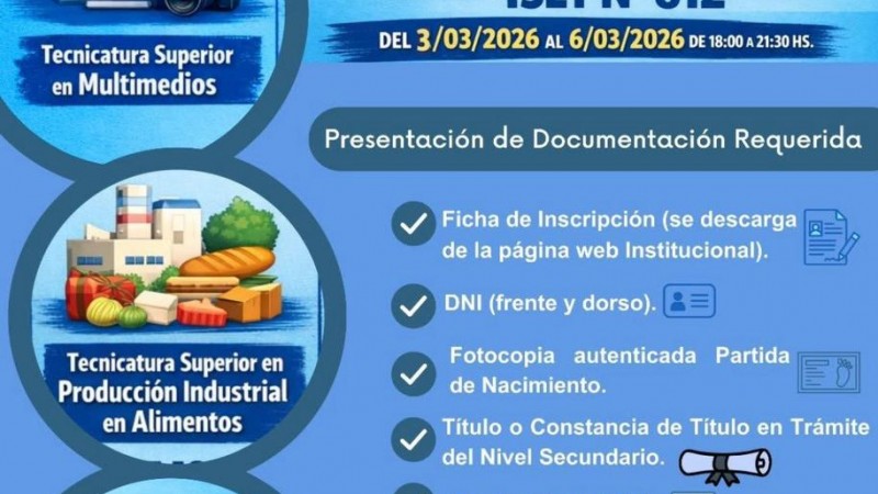 El ISET N° 812 abrió vacantes 2026 para tres tecnicaturas superiores