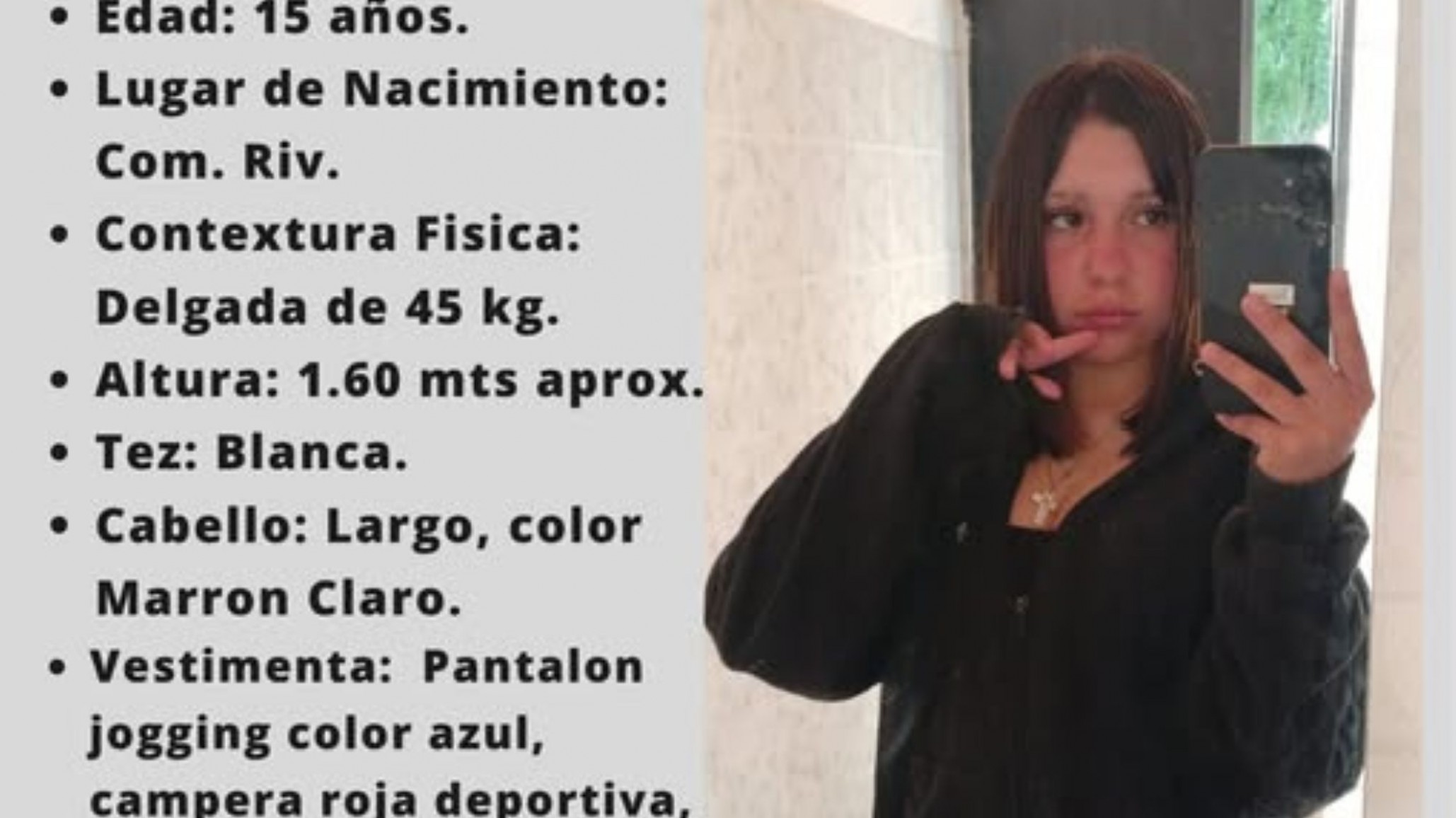 Piden colaboración urgente para encontrar a la adolescente de 15 años vista por última vez en Comodoro