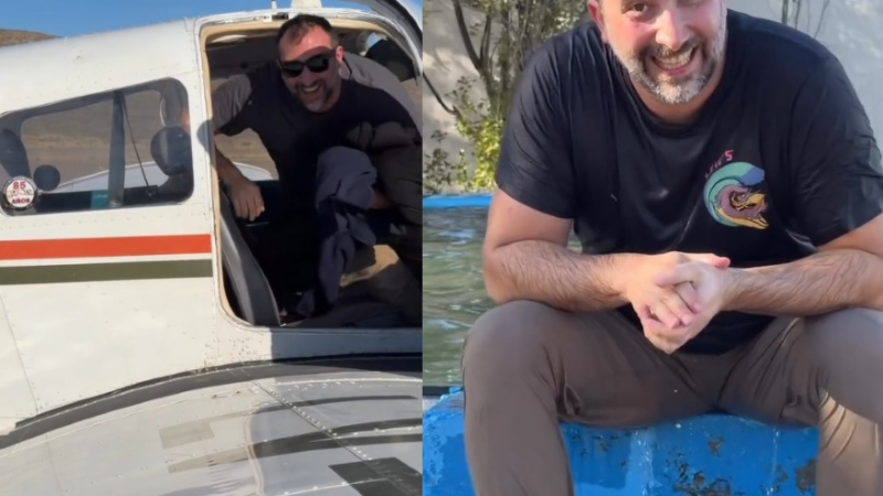 De la emoción al estanque: el festejo viral de un piloto tras realizar su primer vuelo solo en Comodoro