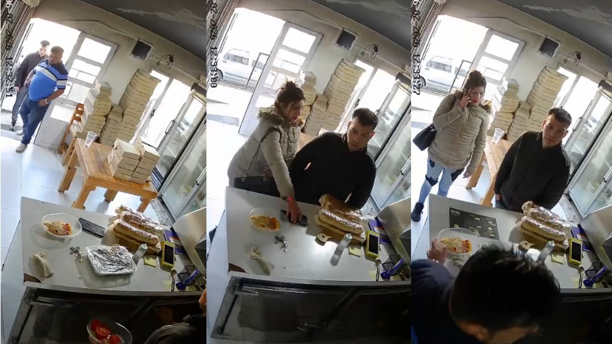 Quedaron filmados: una pareja entró a una rotisería en Comodoro y se robó el celular de la empleada en un descuido