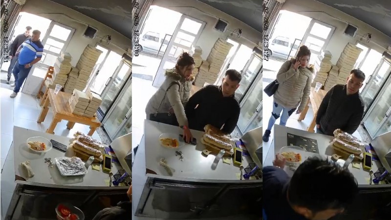 Quedaron filmados: una pareja entró a una rotisería en Comodoro y se robó el celular de la empleada en un descuido