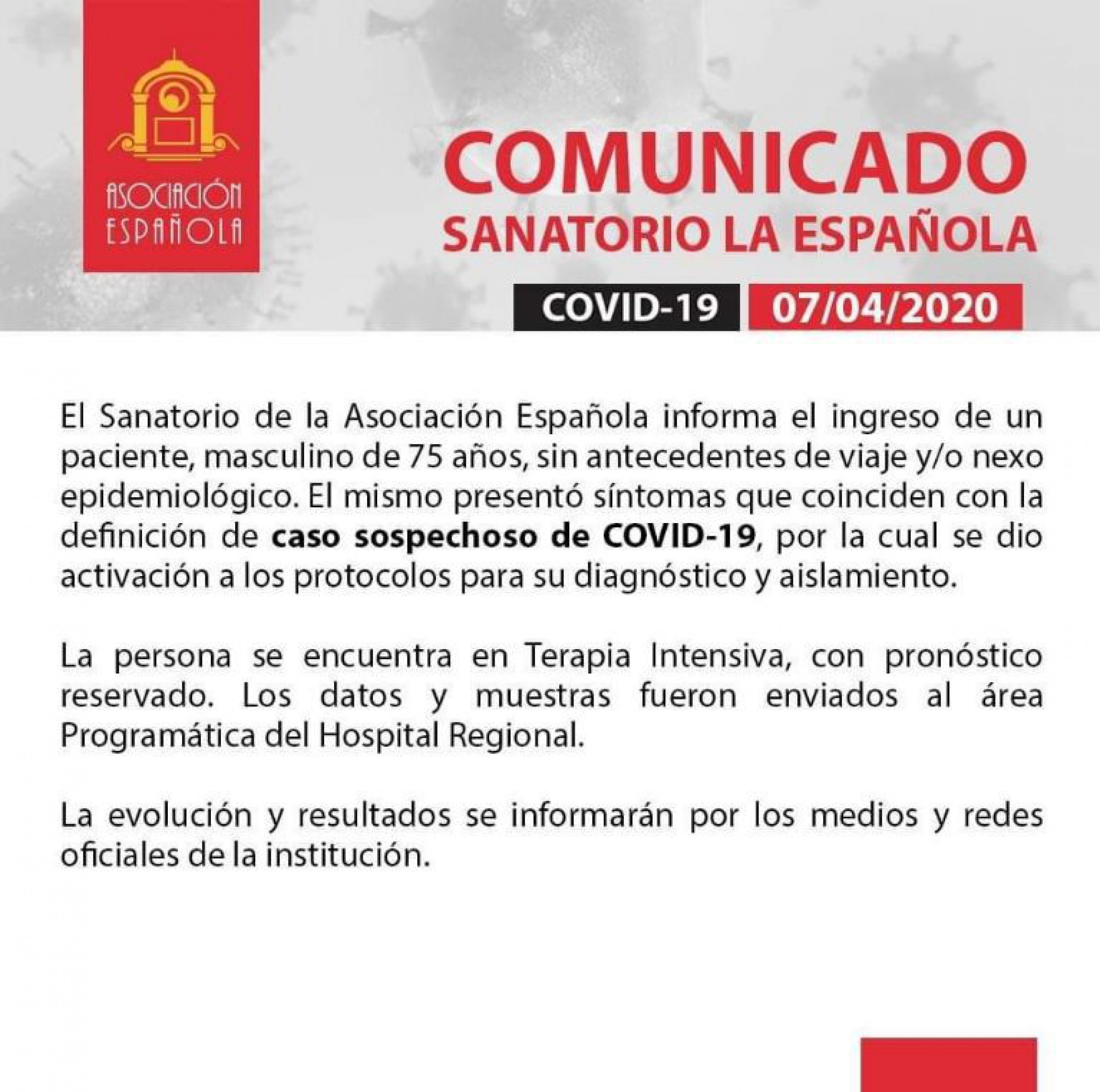 Caso sospechoso: Ingresaron un paciente con síntomas de COVID-19 a Sanatorio La Española