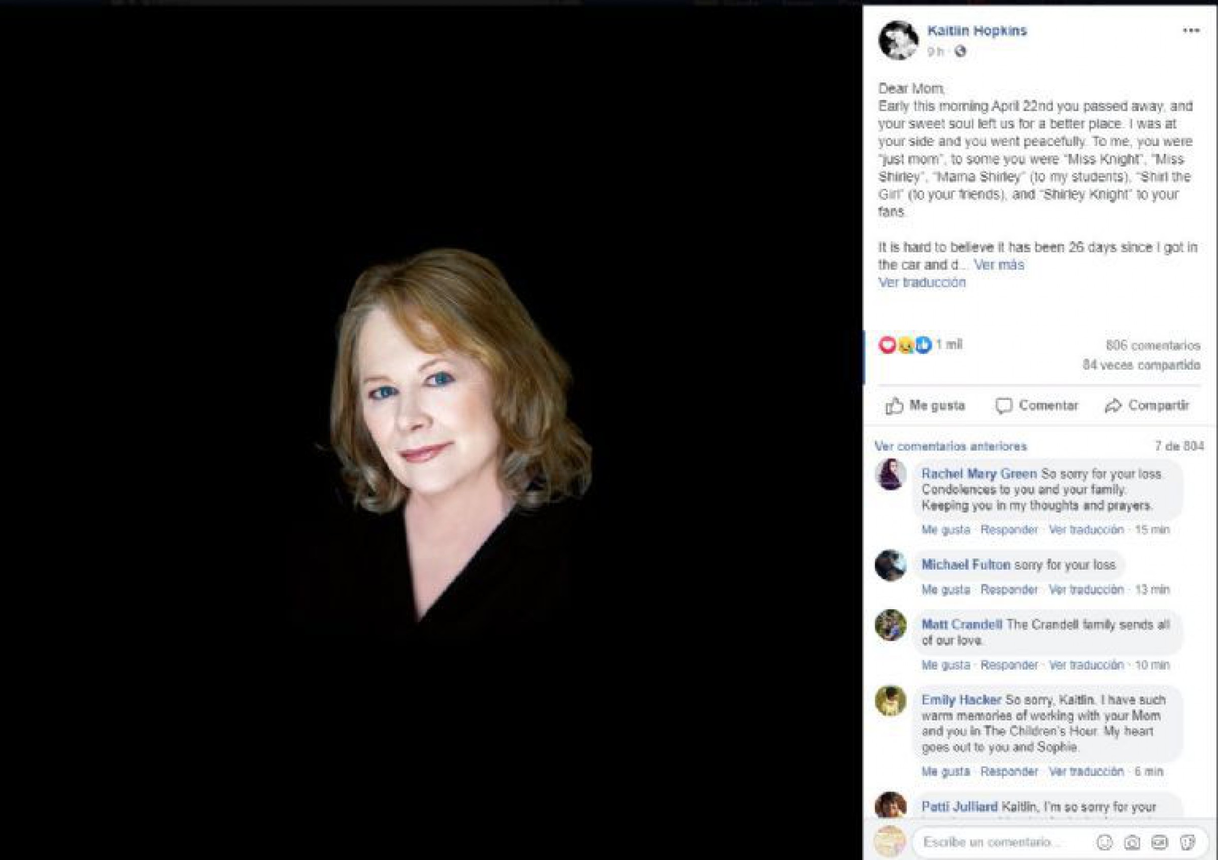 Murió la actiz Shirley Knight, nominada dos veces a los Premios Oscar