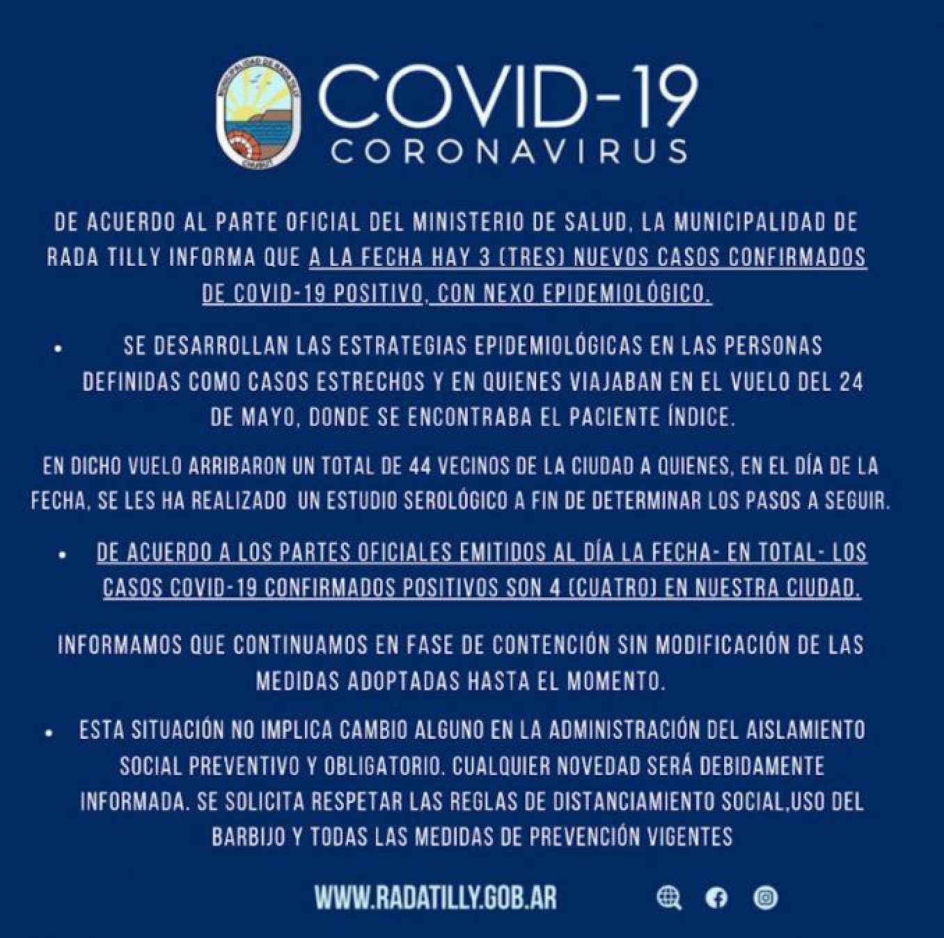 Coronavirus: En Rada Tilly hay 4 casos, por el momento no cambian medidas en la administración del ASPO