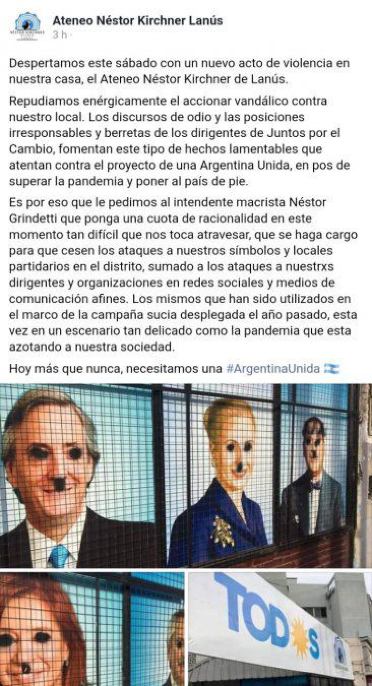 Ateneo Néstor Kirchner sufrió actos vandálicos y culpó a los dirigentes de Juntos por el Cambio