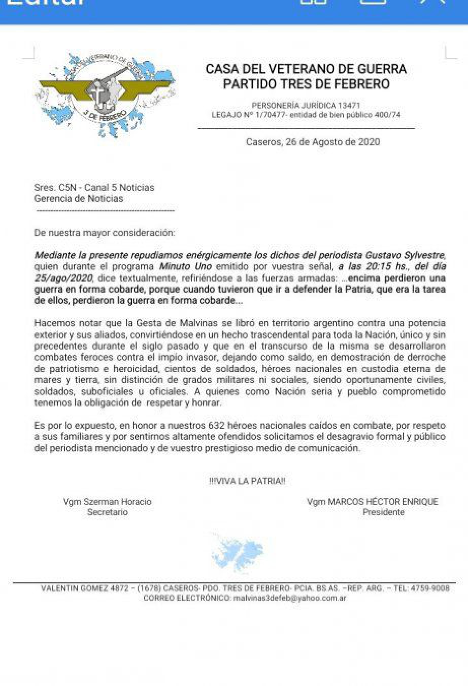 Gustavo Sylvestre trató de “cobardes” a combatientes de Malvinas