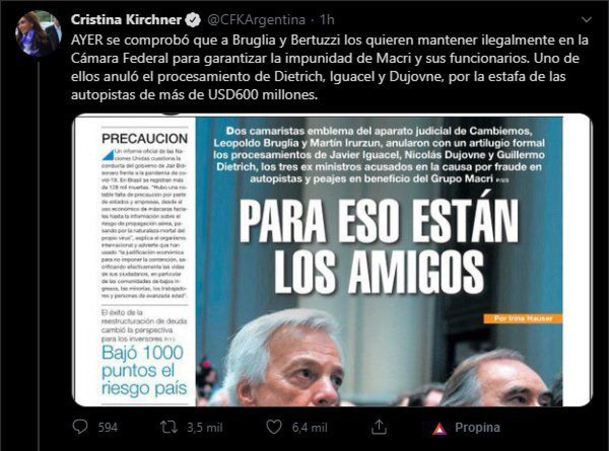 Cristina Kirchner le apuntó a jueces por “garantizar la impunidad” de Mauricio Macri