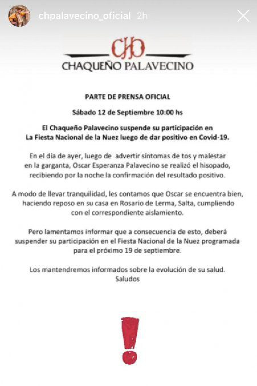 El Chaqueño Palavecino tiene coronavirus