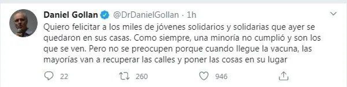 Daniel Gollan: “Cuando llegue la vacuna, las mayorías van a recuperar las calles”
