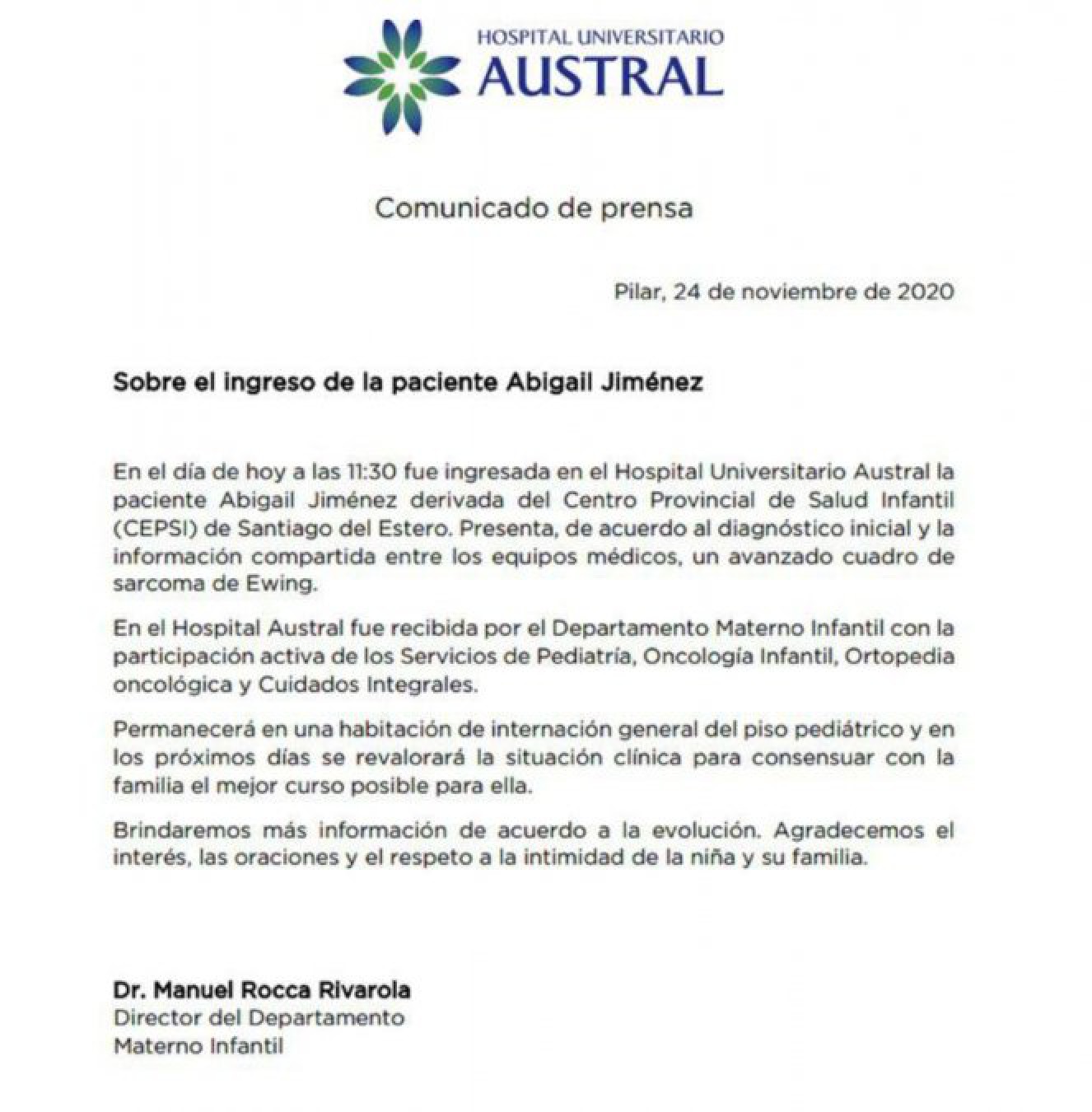 Parte médico sobre la salud de Abigail : presenta “un avanzado cuadro de sarcoma de Ewing”