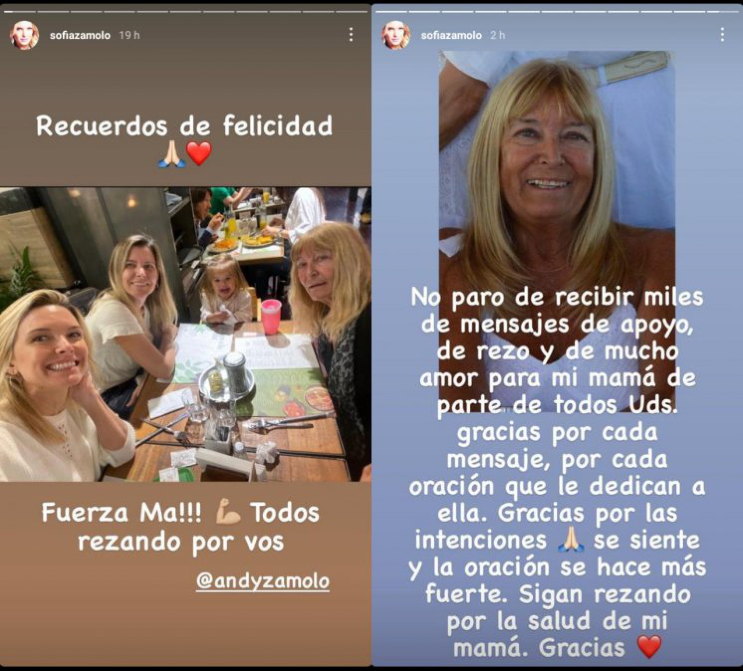 Sofía Zámolo preocupada por la salud de su mamá: ”Fuerza ma!! Todos rezando por vos”