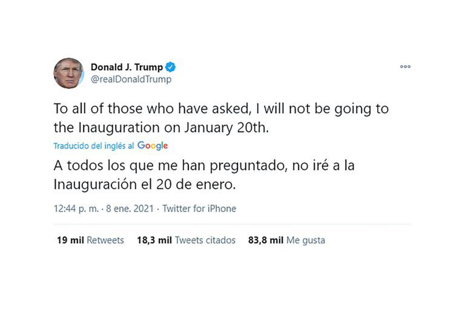 Donald Trump no asistirá al traspaso de mando a Joe Biden