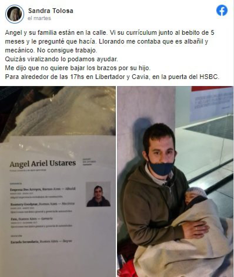Un joven y su bebé viven en la calle “busco trabajo, soy albañil y mecánico”
