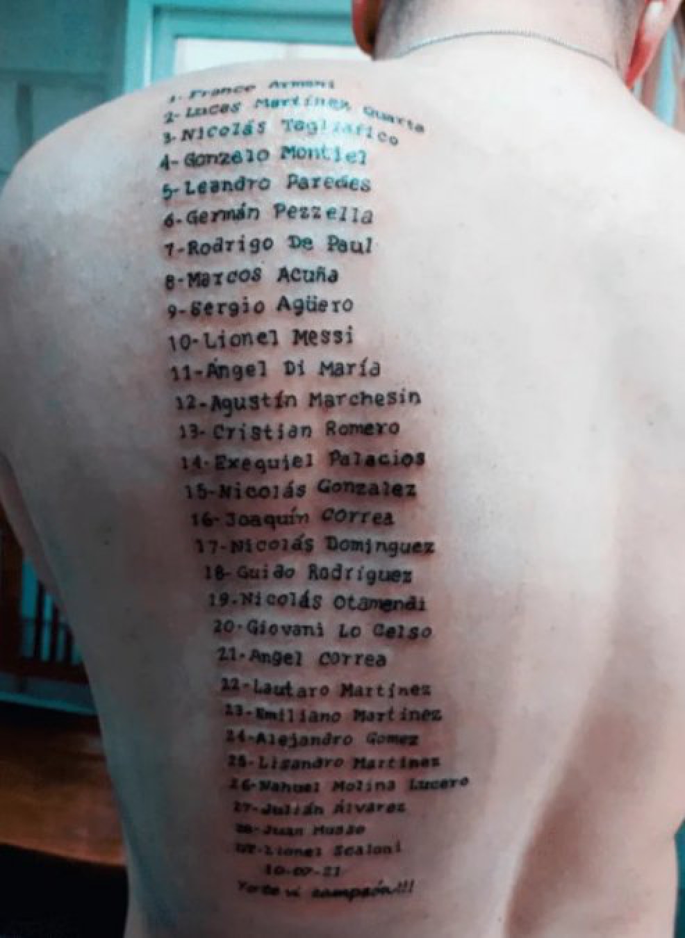 Insólito: se tatuó la lista completa del plantel de la Copa América